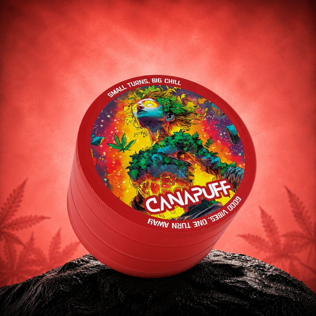 Canapuff Metal Grinder Euforic rode kruidenmolen met kleurrijke illustratie