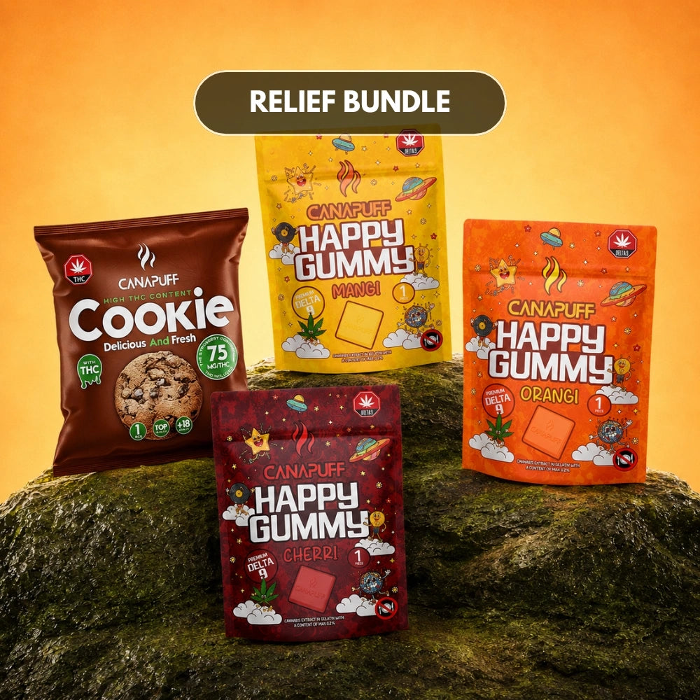 Canapuff Relief Bundle met cookie en drie gummy-zakjes met verschillende smaken
