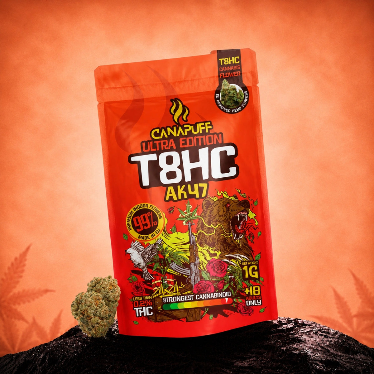Canapuff Ultra Edition T8HC AK47 bloemen, verpakking van 1g met 99% cannabinoïde-sterkte