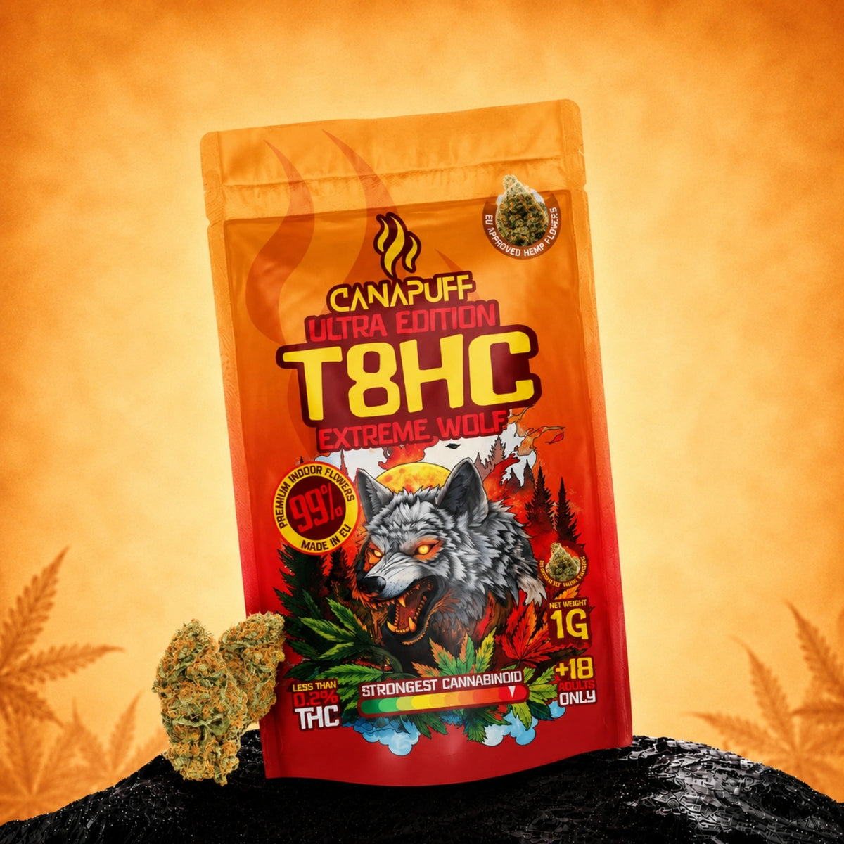 Canapuff T8HC Bloemen Extreme Wolf 99%, zakje van 1g met bloemen uit hennep