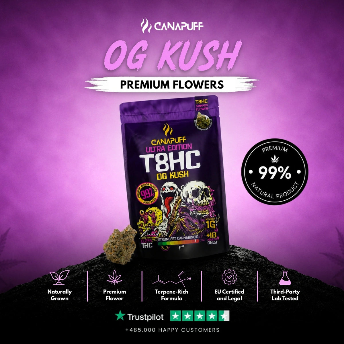 T8HC Bloemen OG Kush Ultra Edition 99% – bloemtoppen, foto 2