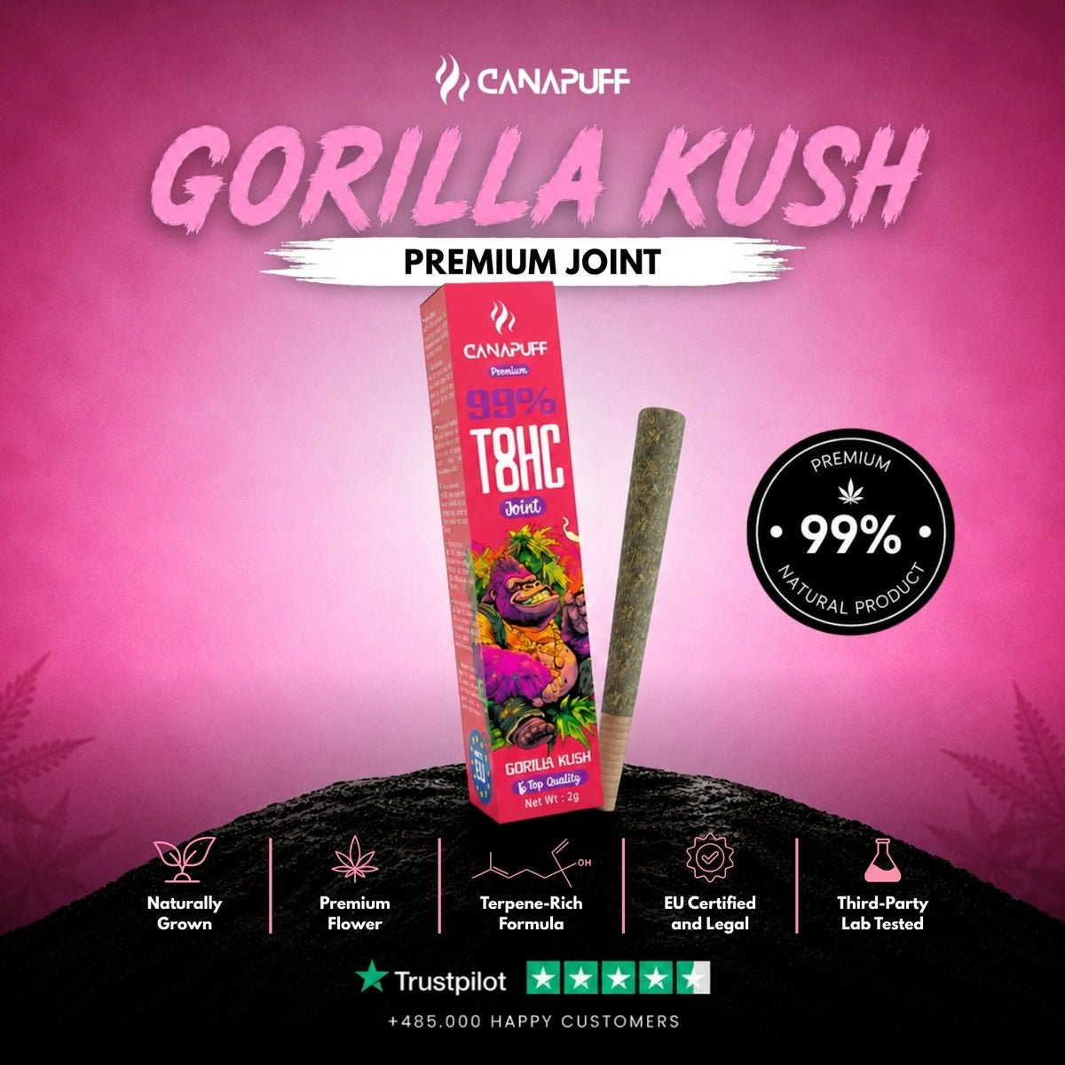 T8HC Joint Gorilla Kush 99% 2g – voorgerolde joint, foto 2