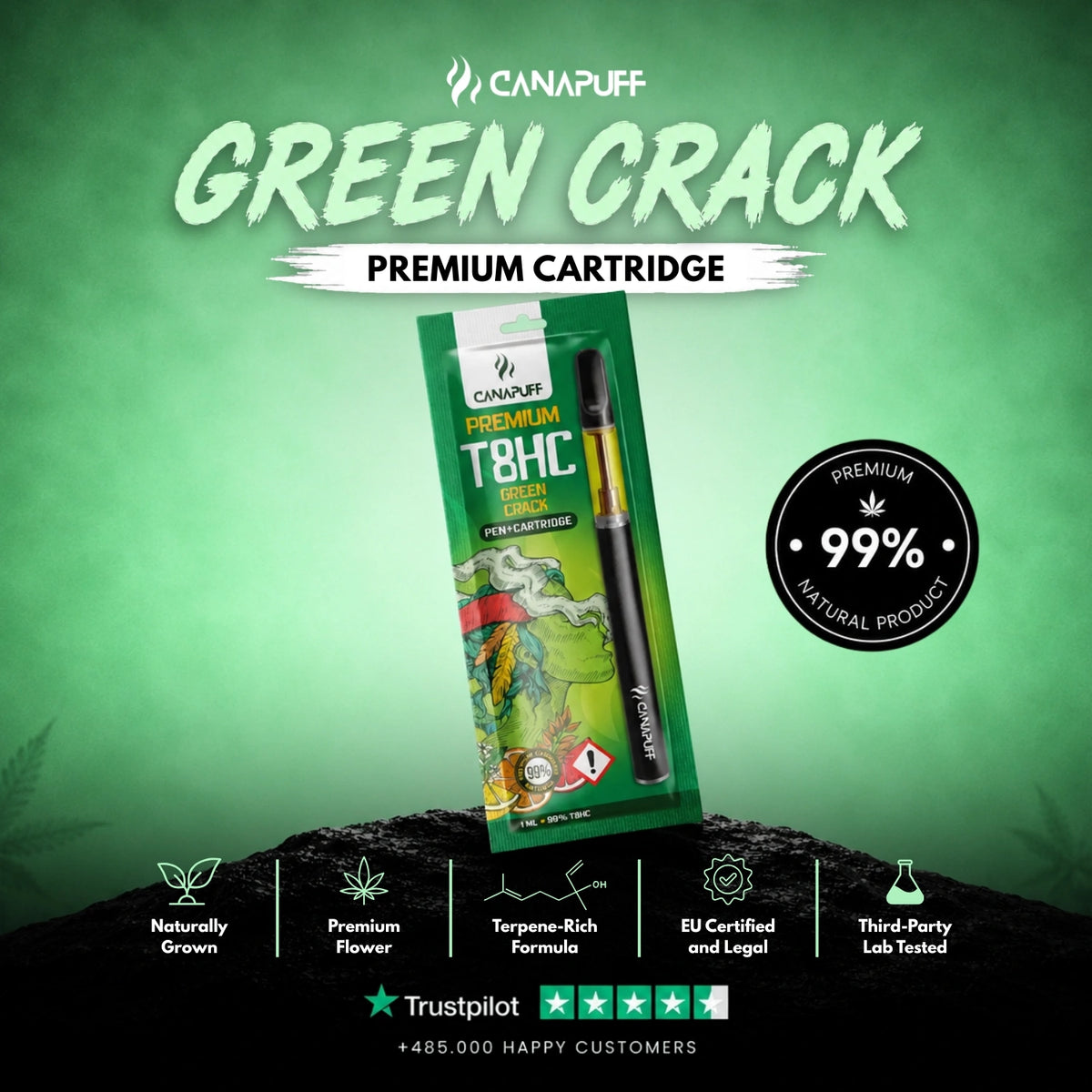 T8HC Pen+Cartridge Green Crack 99% – vape pen met cartridge, foto 2