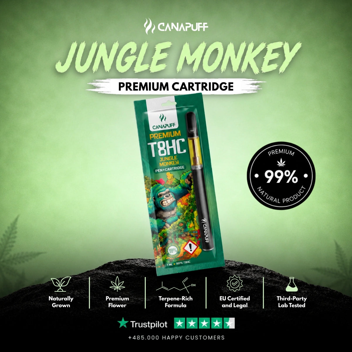 T8HC Pen+Cartridge Jungle Monkey 99% – vape pen met cartridge, foto 2