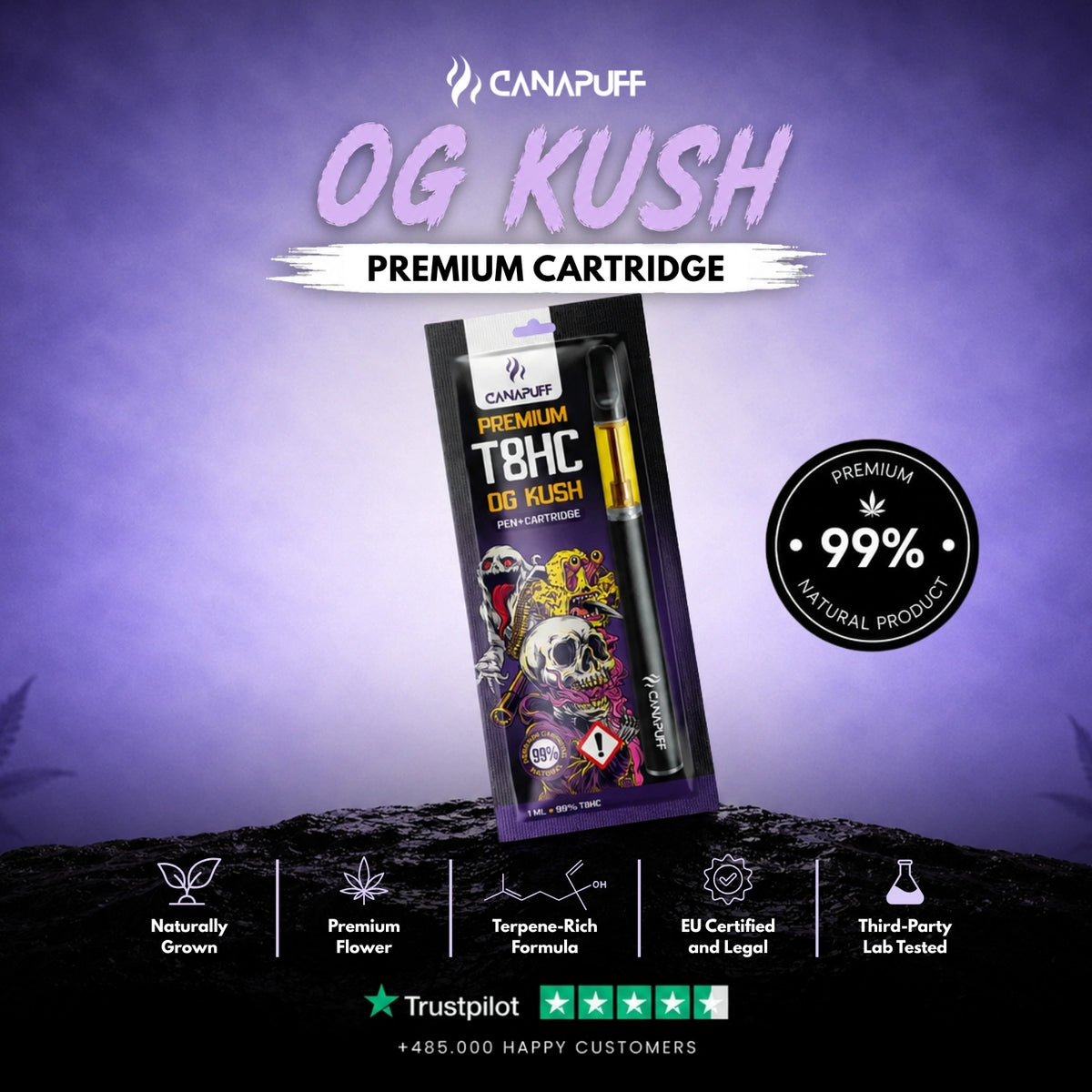 T8HC Pen+Cartridge OG Kush 99% – vape pen met cartridge, foto 2