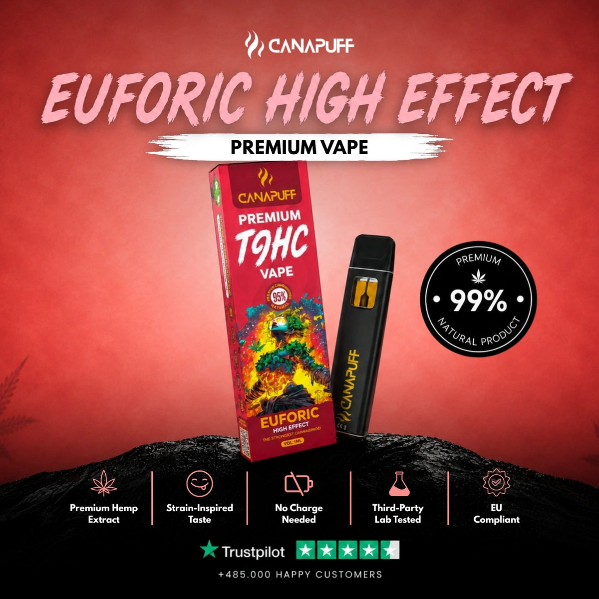TⳊHC Vape Euforic 95% 1ml – wegwerp-vape-pen, foto 2