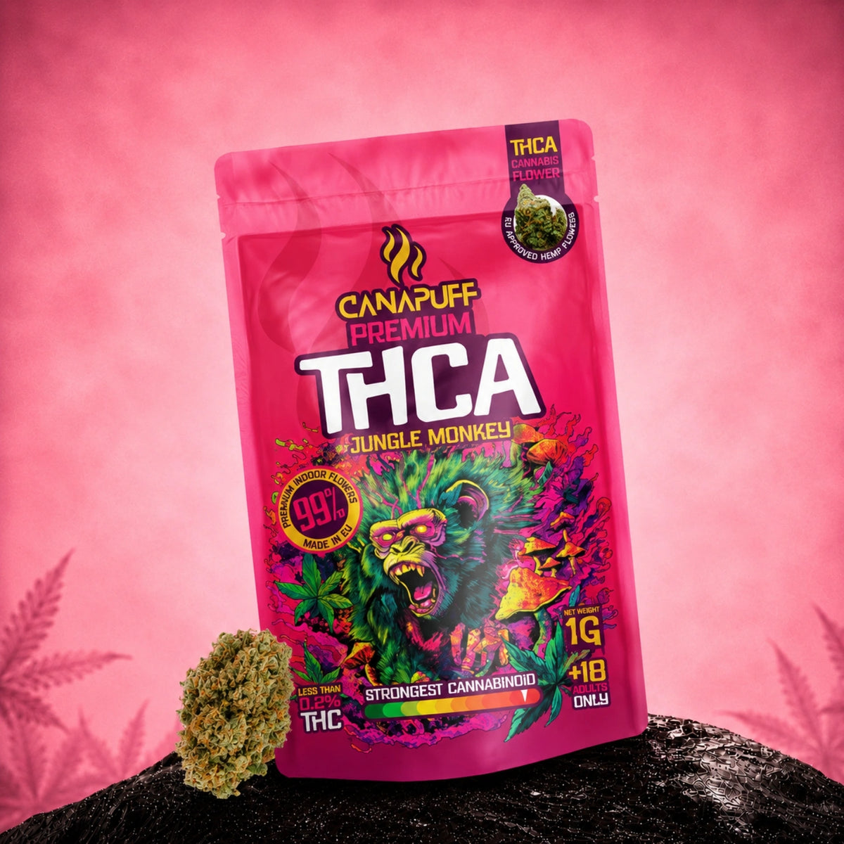 Canapuff THCA Jungle Monkey bloem, zakje van 1g, 99% cannabinoïde-sterkte