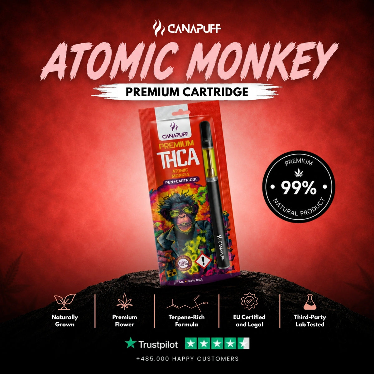 THCA Pen+Cartridge Atomic Monkey 99% – vape pen met cartridge, foto 2