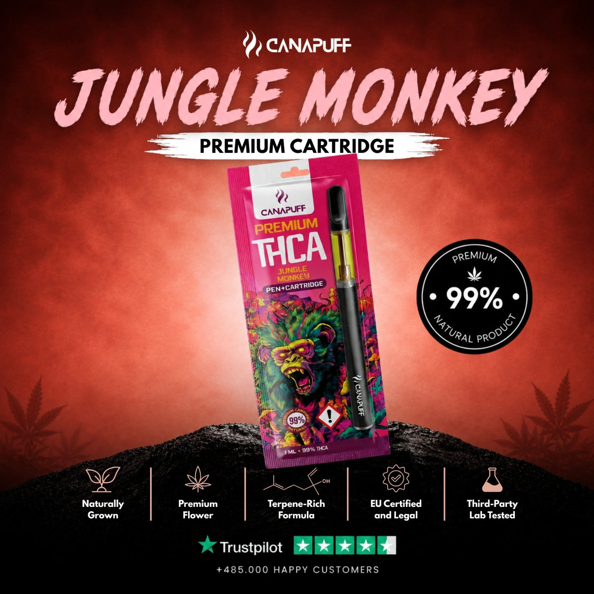 THCA Pen+Cartridge Jungle Monkey 99% – vape pen met cartridge, foto 2
