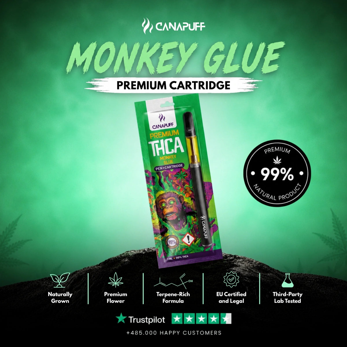 THCA Pen+Cartridge Monkey Glue 99% – vape pen met cartridge, foto 2