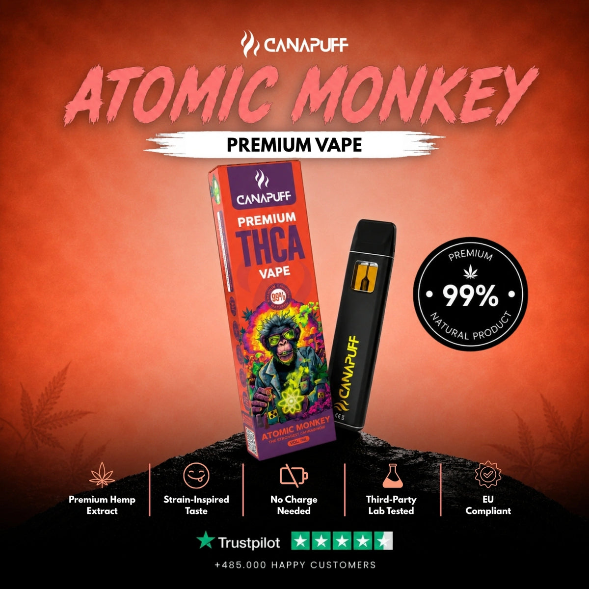 THCA Vape Atomic Monkey 99% 1ml – wegwerp-vape-pen, foto 2