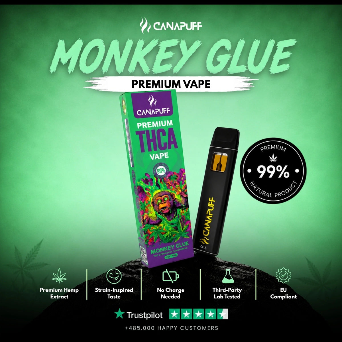 THCA Vape Monkey Glue 99% 1ml – wegwerp-vape-pen, foto 2