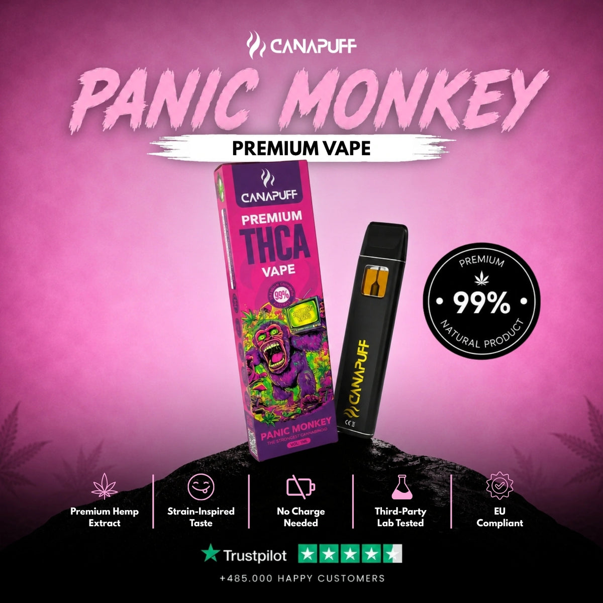 THCA Vape Panic Monkey 99% 1ml – wegwerp-vape-pen, foto 2