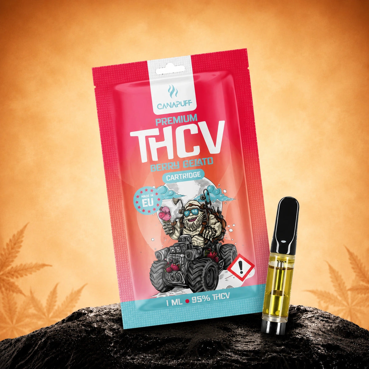 Canapuff THCv Berry Gelato 95% cartridge, 1 ml, met verpakking en mondstuk