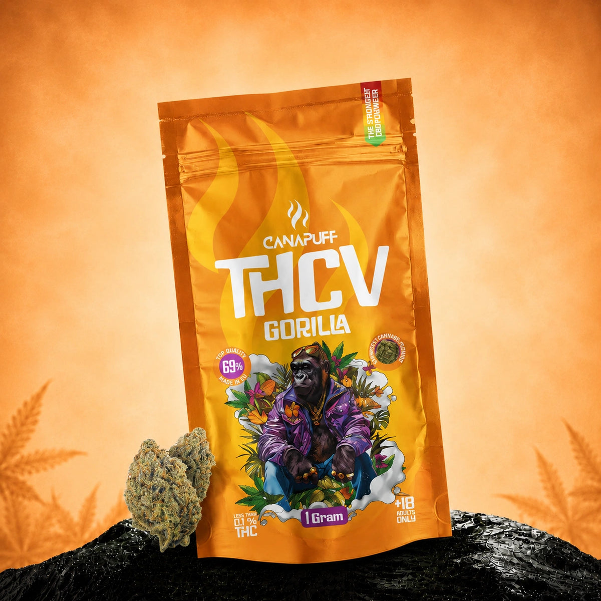 Canapuff THCv Gorilla bloemen 69%, zakje van 1 gram met oranje verpakking en gorilla-illustratie