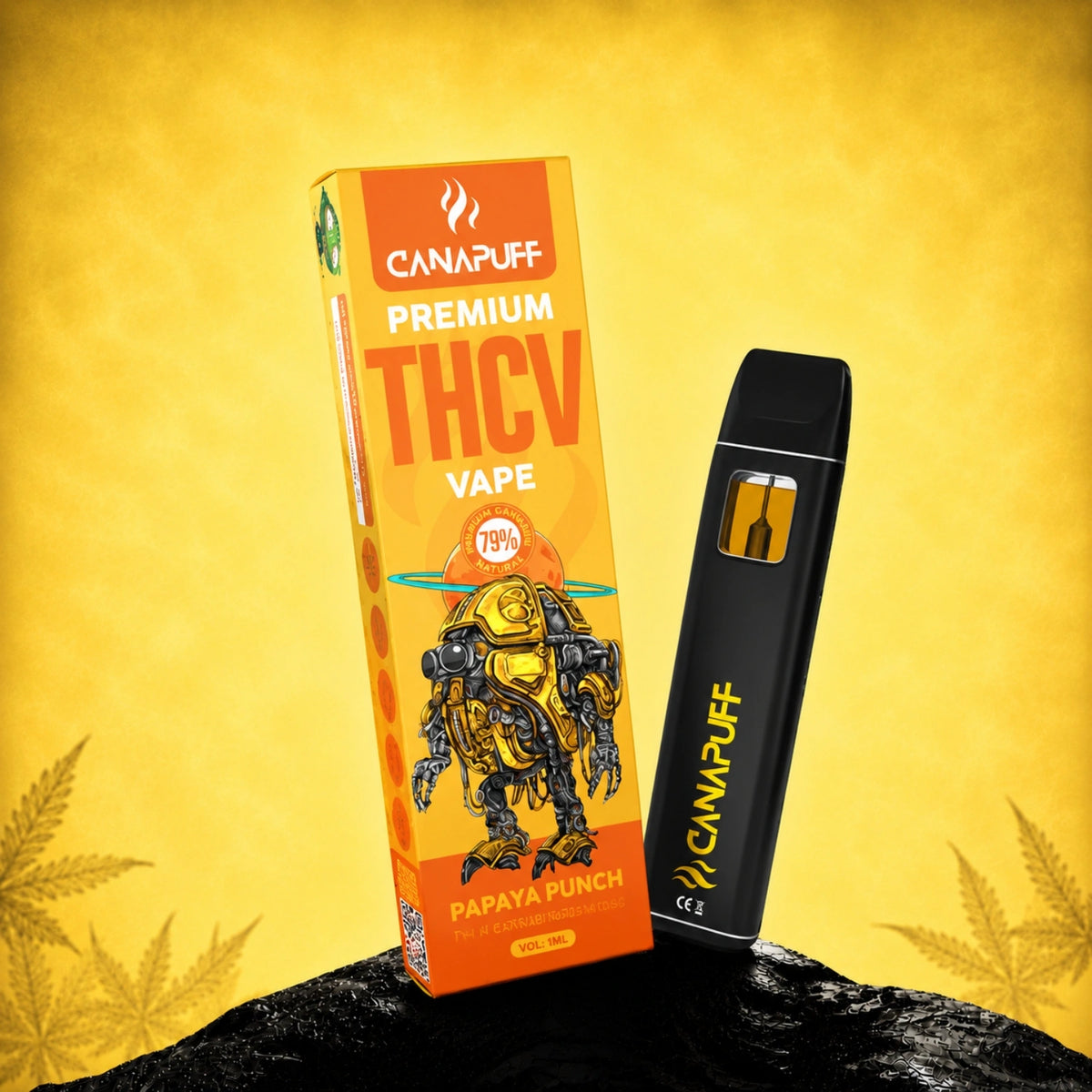 Canapuff THCv Vape Papaya Punch 79% 1ml wegwerppen met oranje doosverpakking
