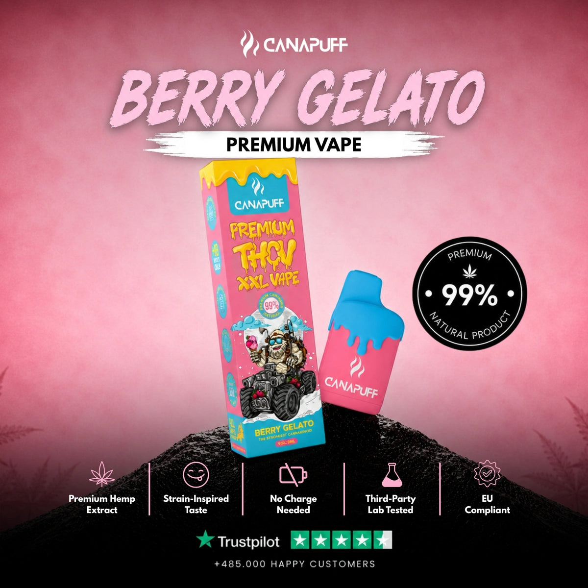 THCv XXL Vape Berry Gelato 99% 2ml – wegwerp-vape-pen, foto 2