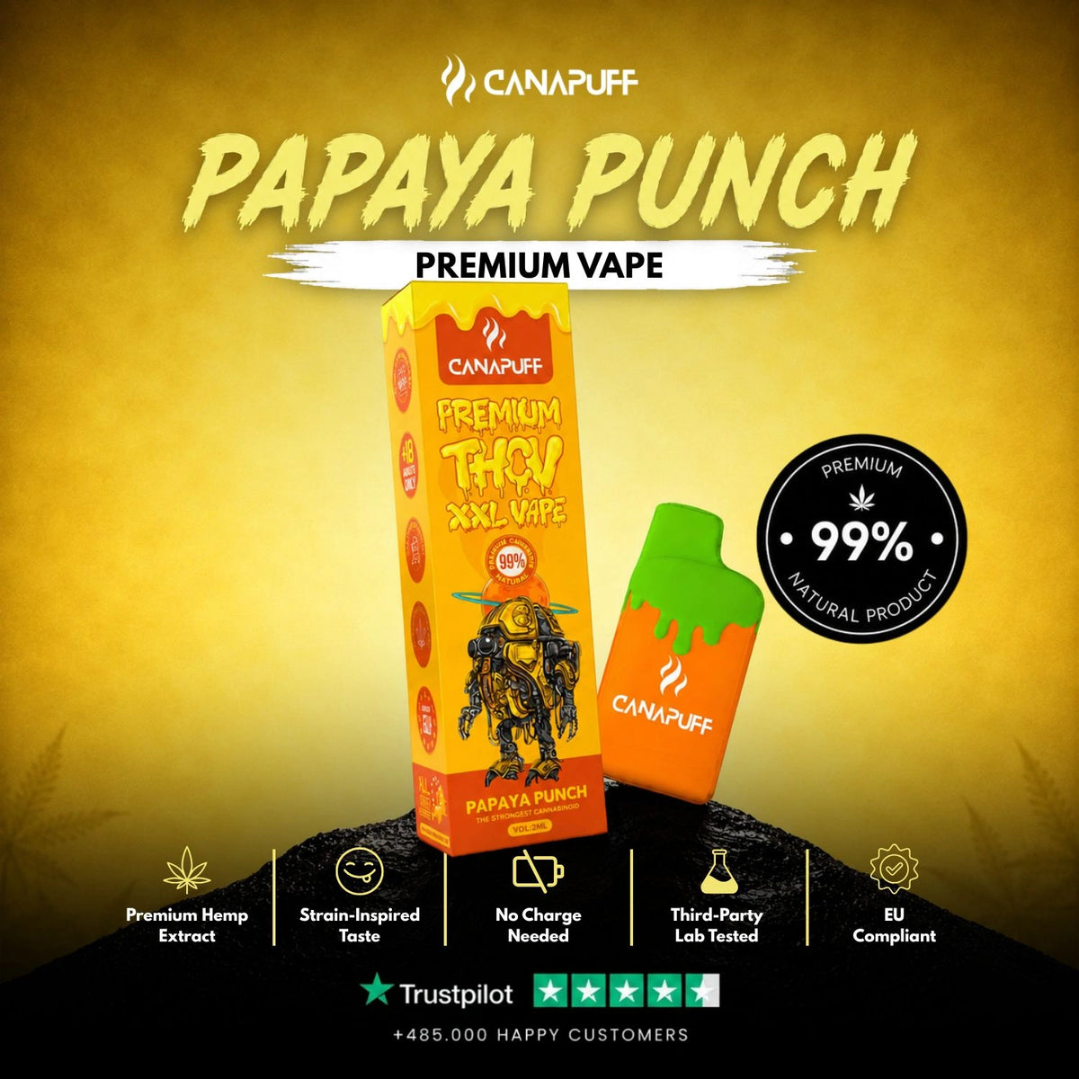 THCv XXL Vape Papaya Punch 99% 2ml – wegwerp-vape-pen, foto 2