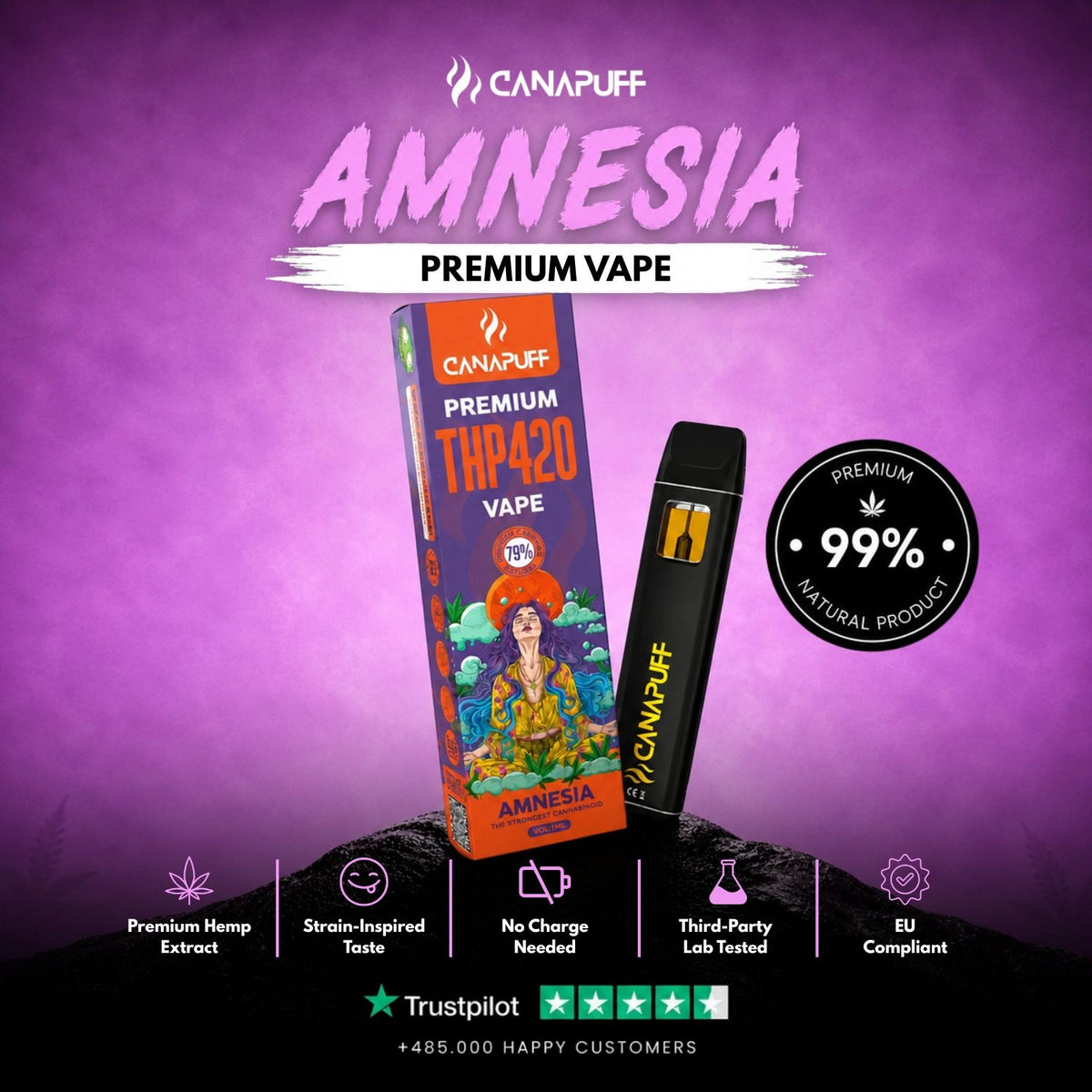 THP420 Vape Amnesia 79% 1ml – wegwerp-vape-pen, foto 2