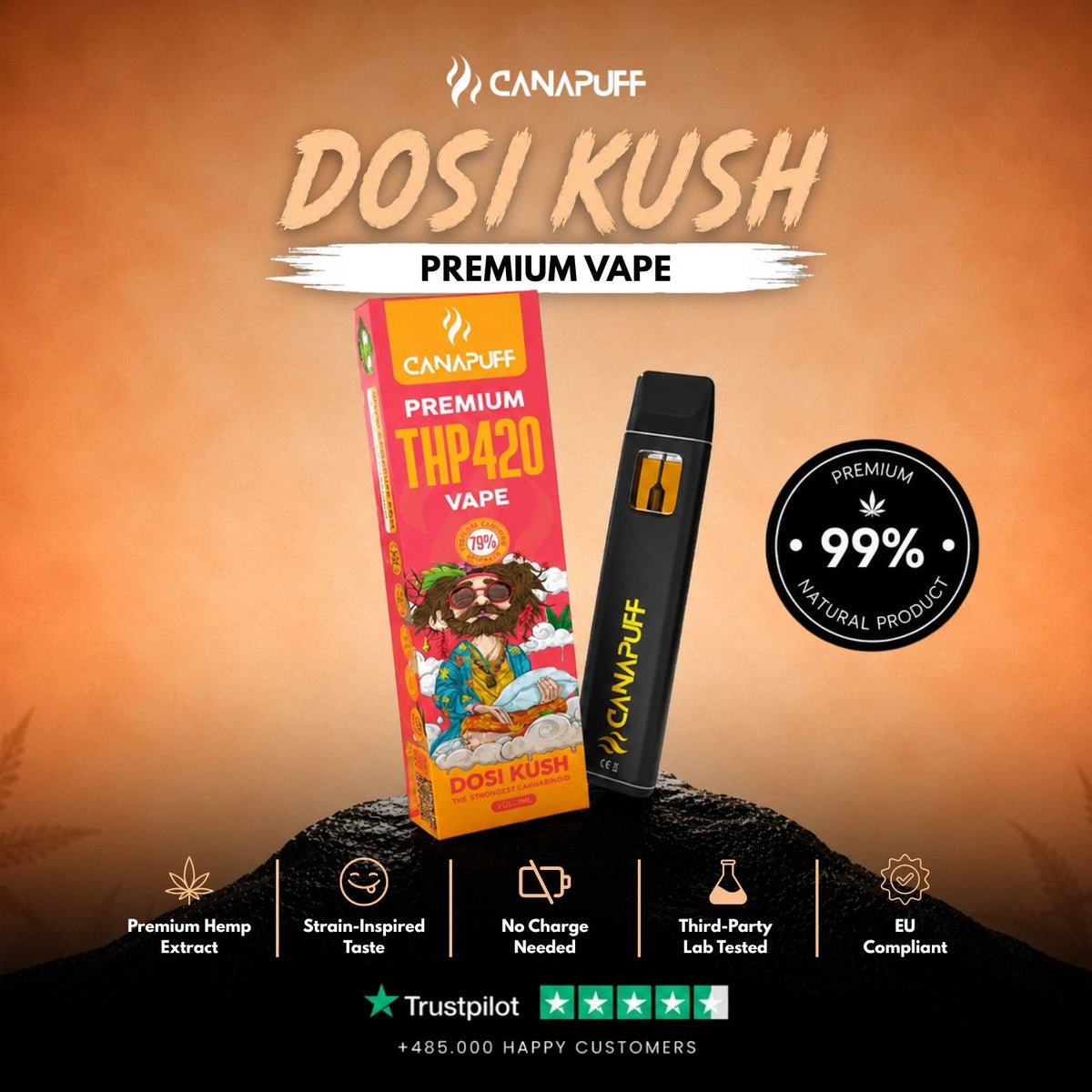 THP420 Vape Dosi Kush 79% 1ml – wegwerp-vape-pen, foto 2