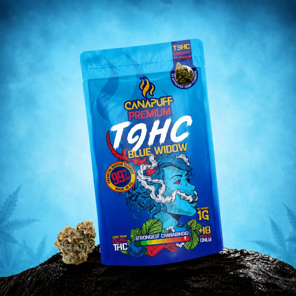 Canapuff TⳊHC Blue Widow bloemen, zakje van 1g, 99% sterkte