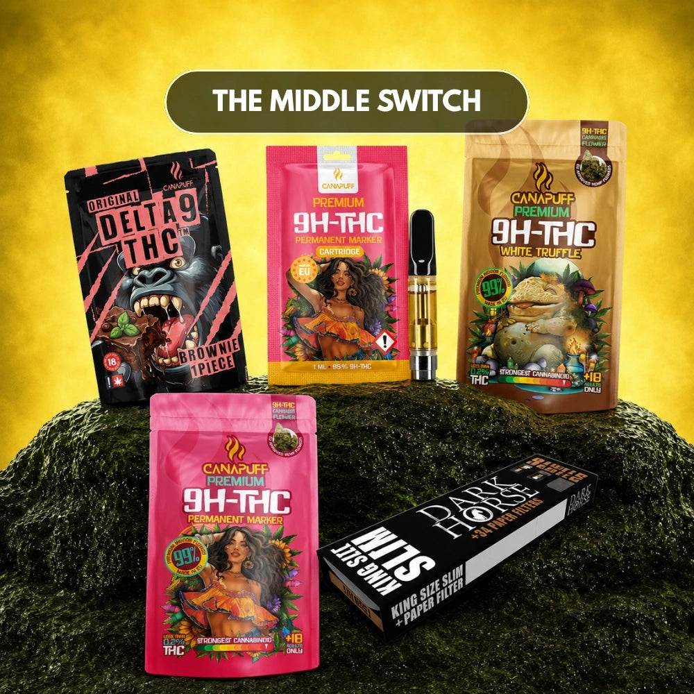 Canapuff The Middle Switch collectie met 9H-THC vapes, bloemen, cartridges en rookaccessoires