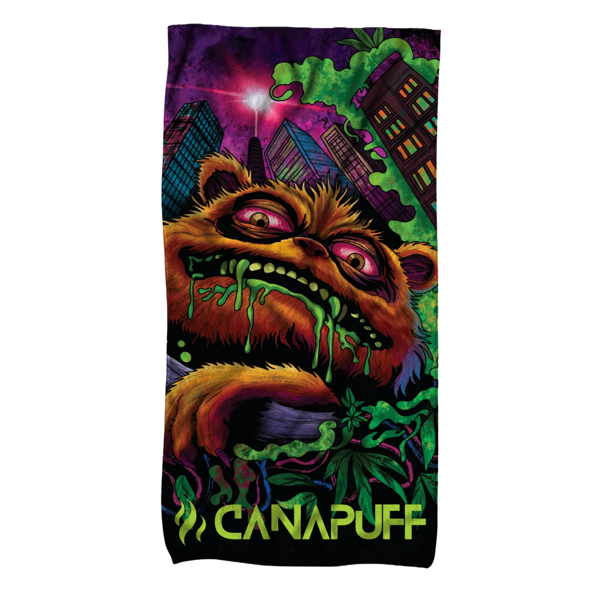 Canapuff High Monster handdoek met kleurrijke monster- en stadsillustratie