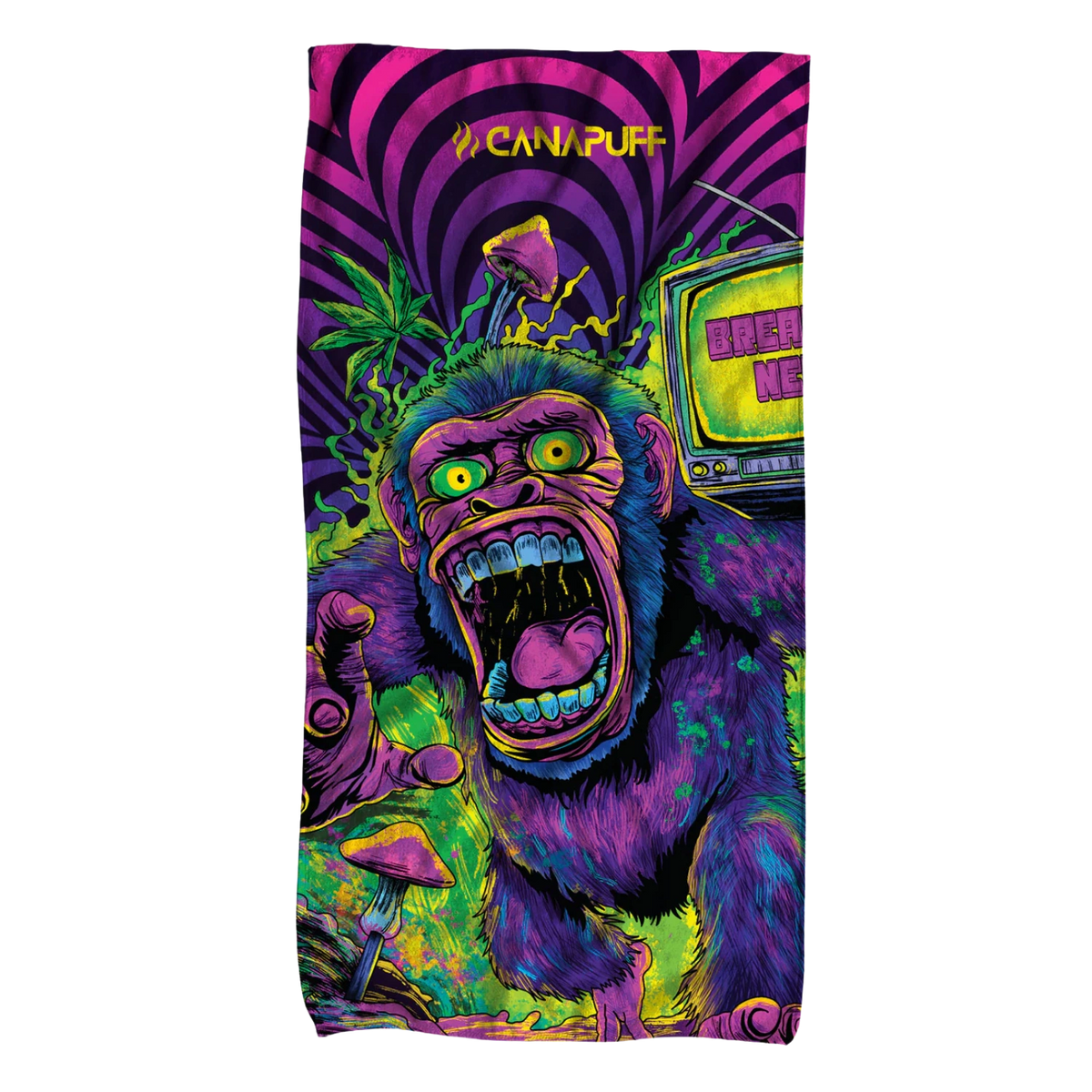 Canapuff Panic Monkey handdoek met kleurrijke psychedelische illustratie en logo