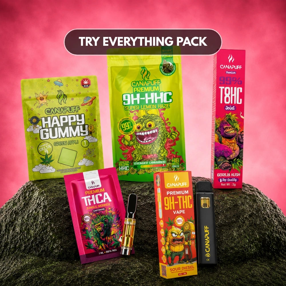 Canapuff Try Everything Pack Bundle met gummies, bloemen, vape en cartridge