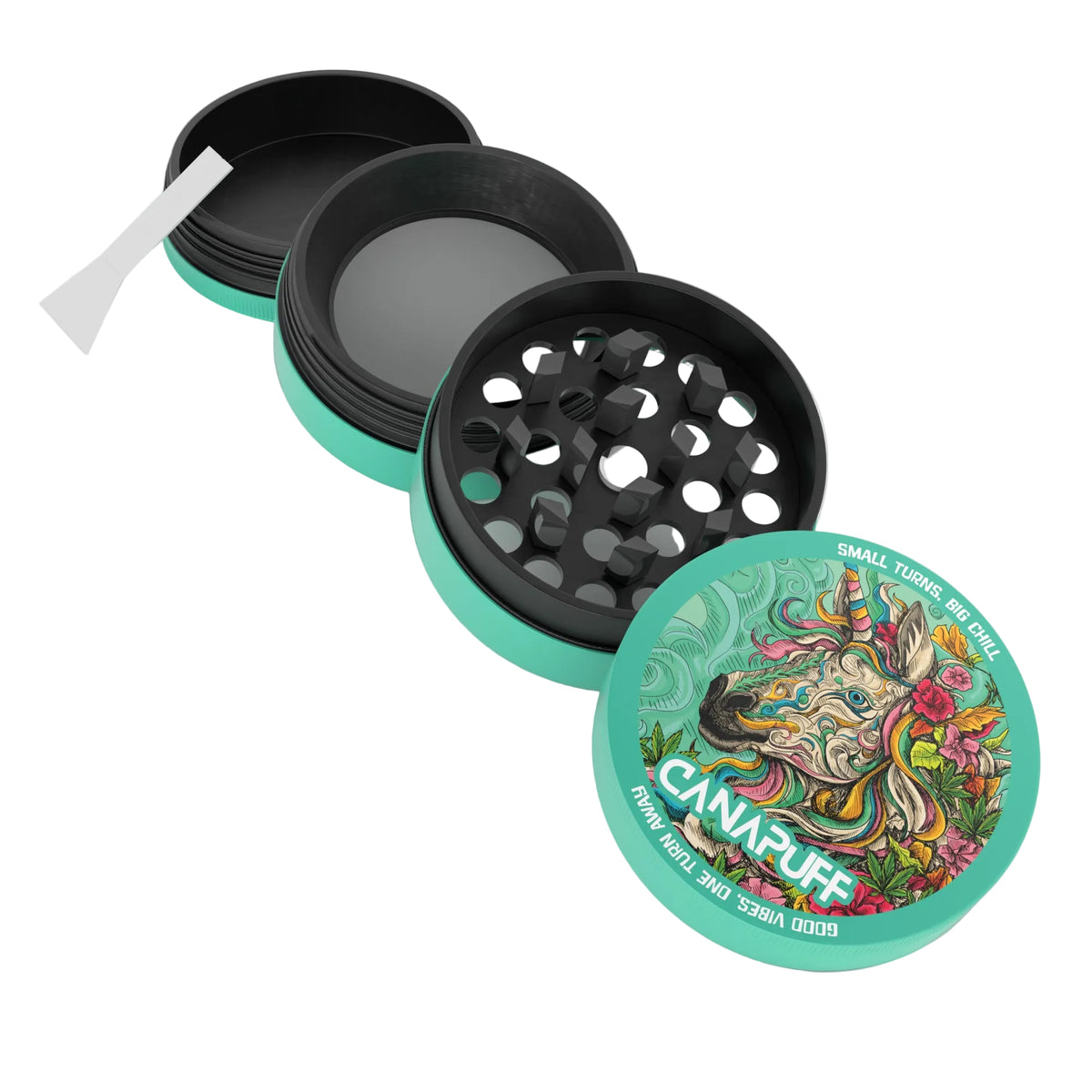 Canapuff Metal Grinder Unicorn Piss, klein en turquoise met zwarte maalkamer