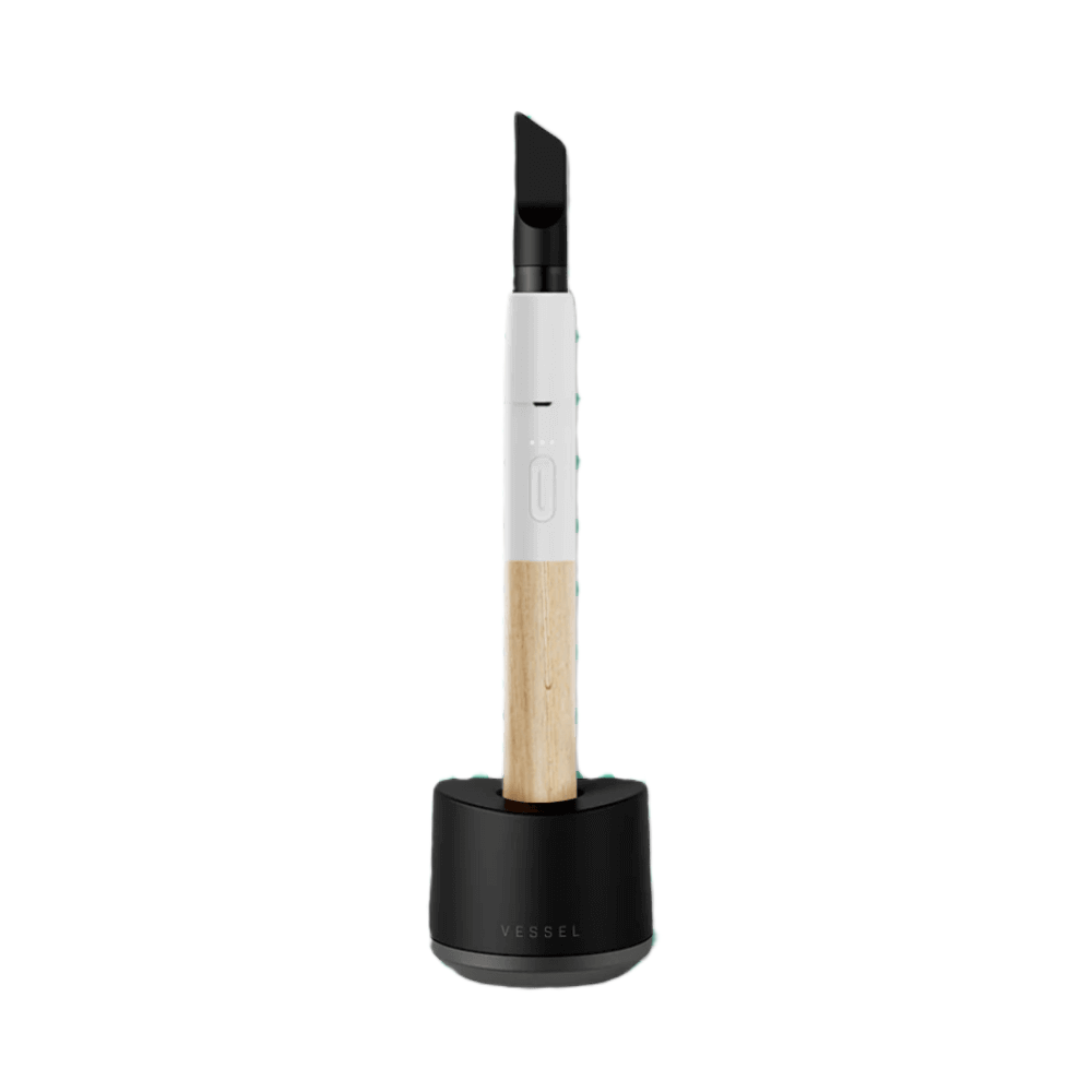 Vessel Craftsman vape pen in wit met beukenhouten accenten en oplaaddock