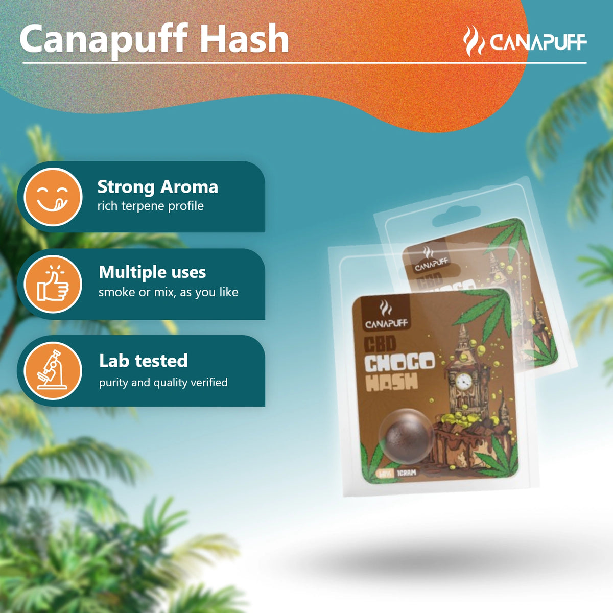 Canapuff CBD Hash Choco 60%, bruin hasjblokje in blisterverpakking