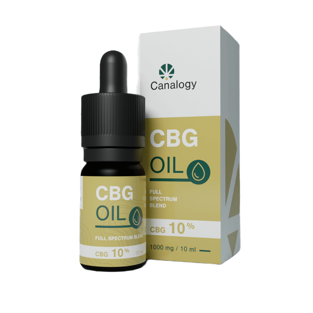 Canalogy CBG Oil 10%, 1000 mg / 10 ml full spectrum blend met pipetflesje en doosverpakking