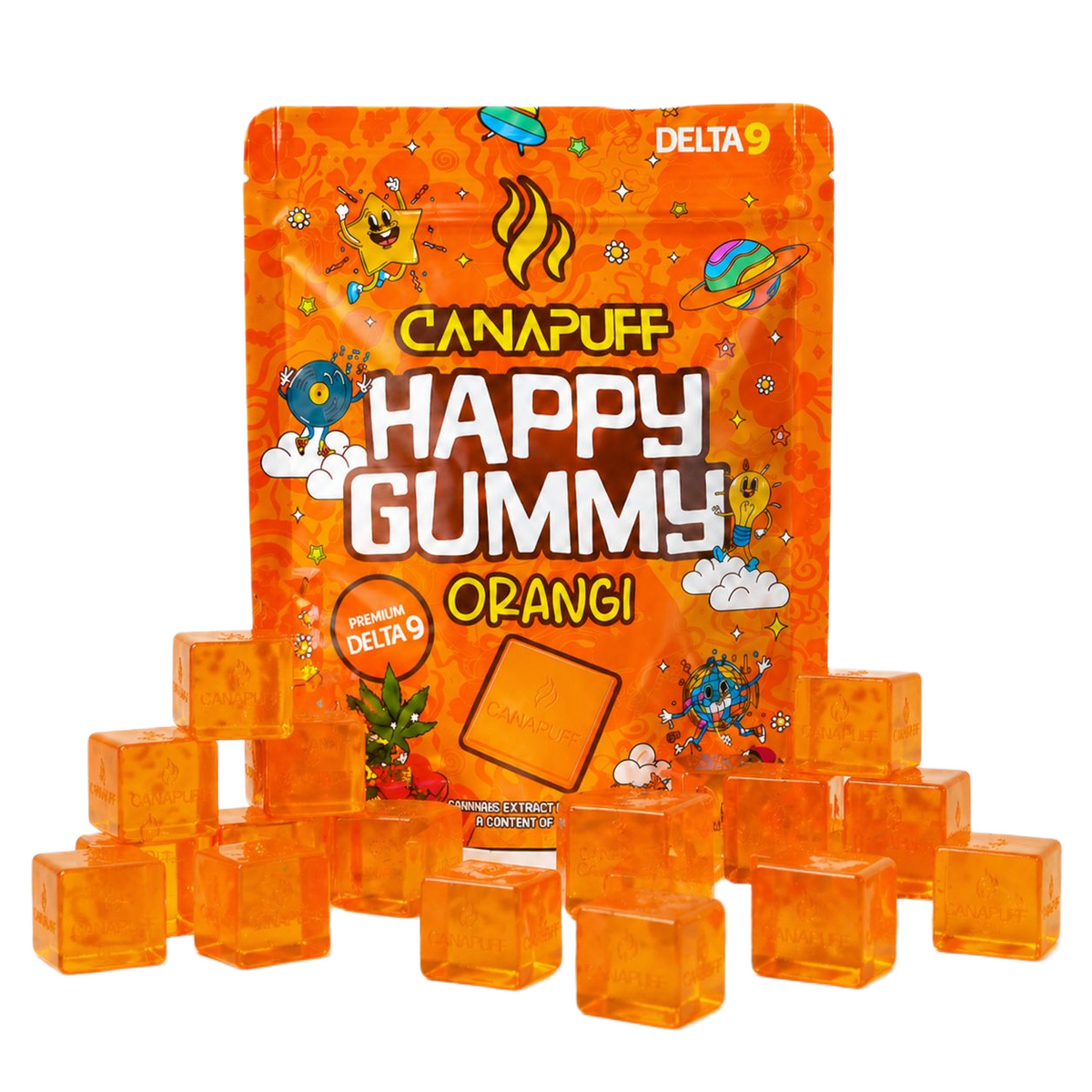 Canapuff Happy Gummy Orange Delta-9 THC zakje gummies met losse gummies in beeld