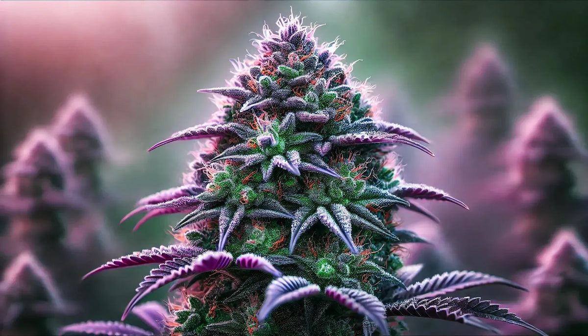 Purple Cookie Kush in al zijn glorie: levendige paarse en groene toppen bestoven met berijpte trichomen, tegen een dromerige, natuurlijke achtergrond. De perfecte kennismaking met deze prachtige Strain.
