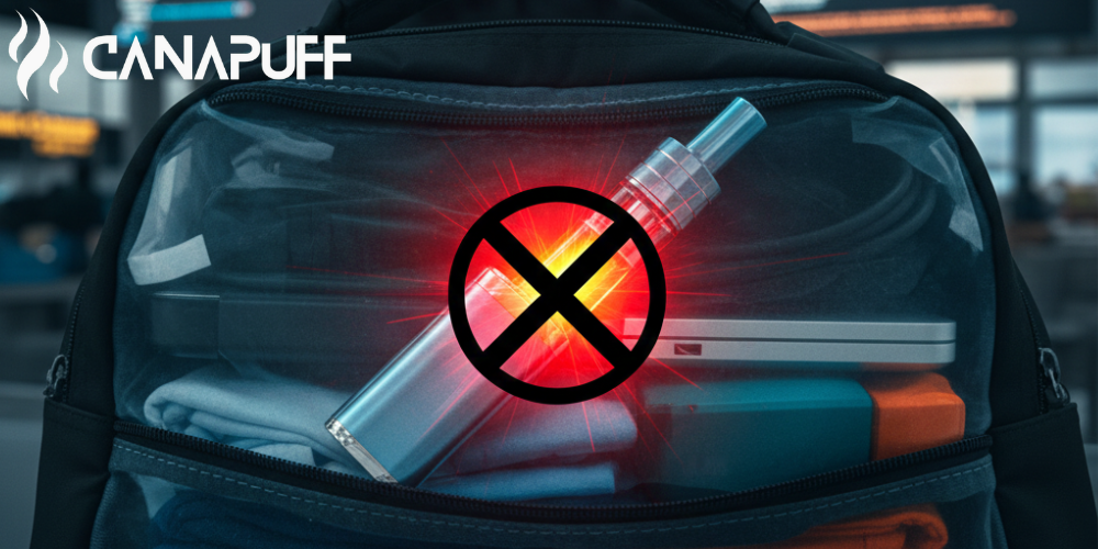 Canapuff vape-apparaten in een reistas met een verbodssymbool erover
