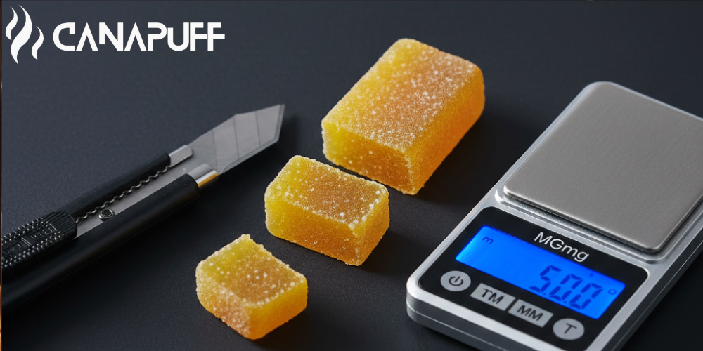 Canapuff-logo met gesuikerde gummies, dabtool en digitale weegschaal op een donkere ondergrond