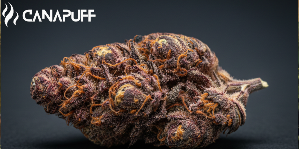 Canapuff Red Dragon cannabis Strain-bloem met dichte trichoombedekking op een donkere achtergrond