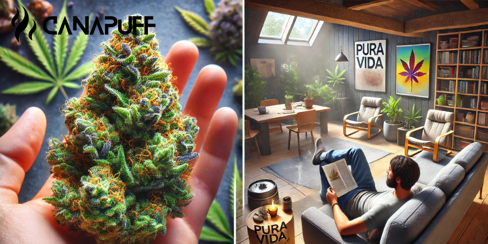 Canapuff Pura Vida Strain-bloemtop in de hand met cannabisbladeren op de achtergrond