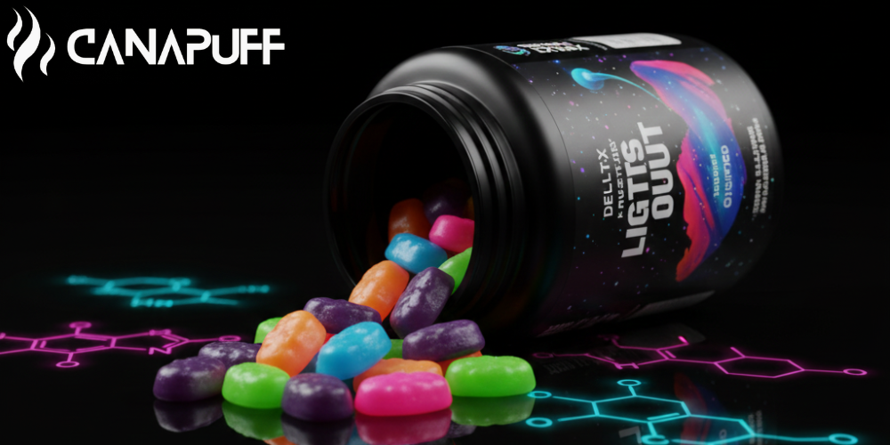 Canapuff Delta Extrax gummies in een kleurrijke mix die uit een zwarte pot rollen, met neon moleculaire graphics