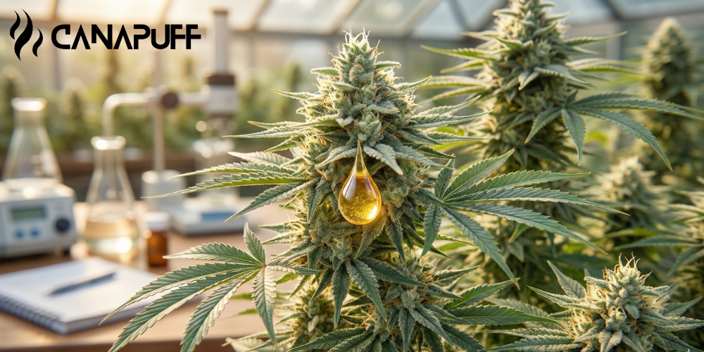 Cannabisplant met gouden oliedruppel in een laboratoriumsetting met Canapuff-branding
