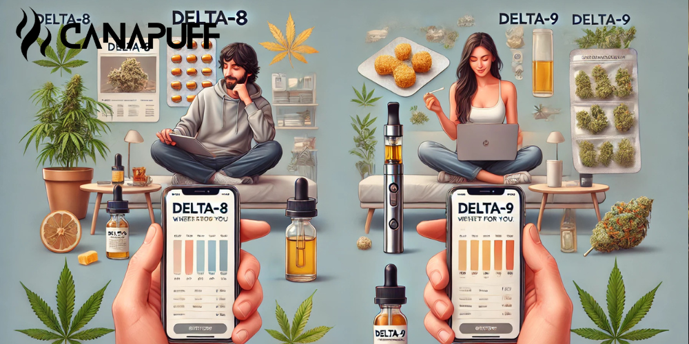 Illustratie die Delta-8- en Delta-9-cannabinoïdeproducten vergelijkt met lifestylescènes, gummies, bloemen en vape-opties