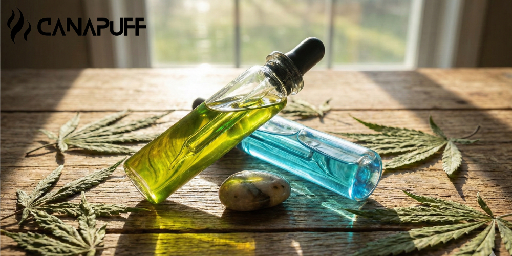 Canapuff olietincturen en cannabisbladeren op een houten tafel bij het raam