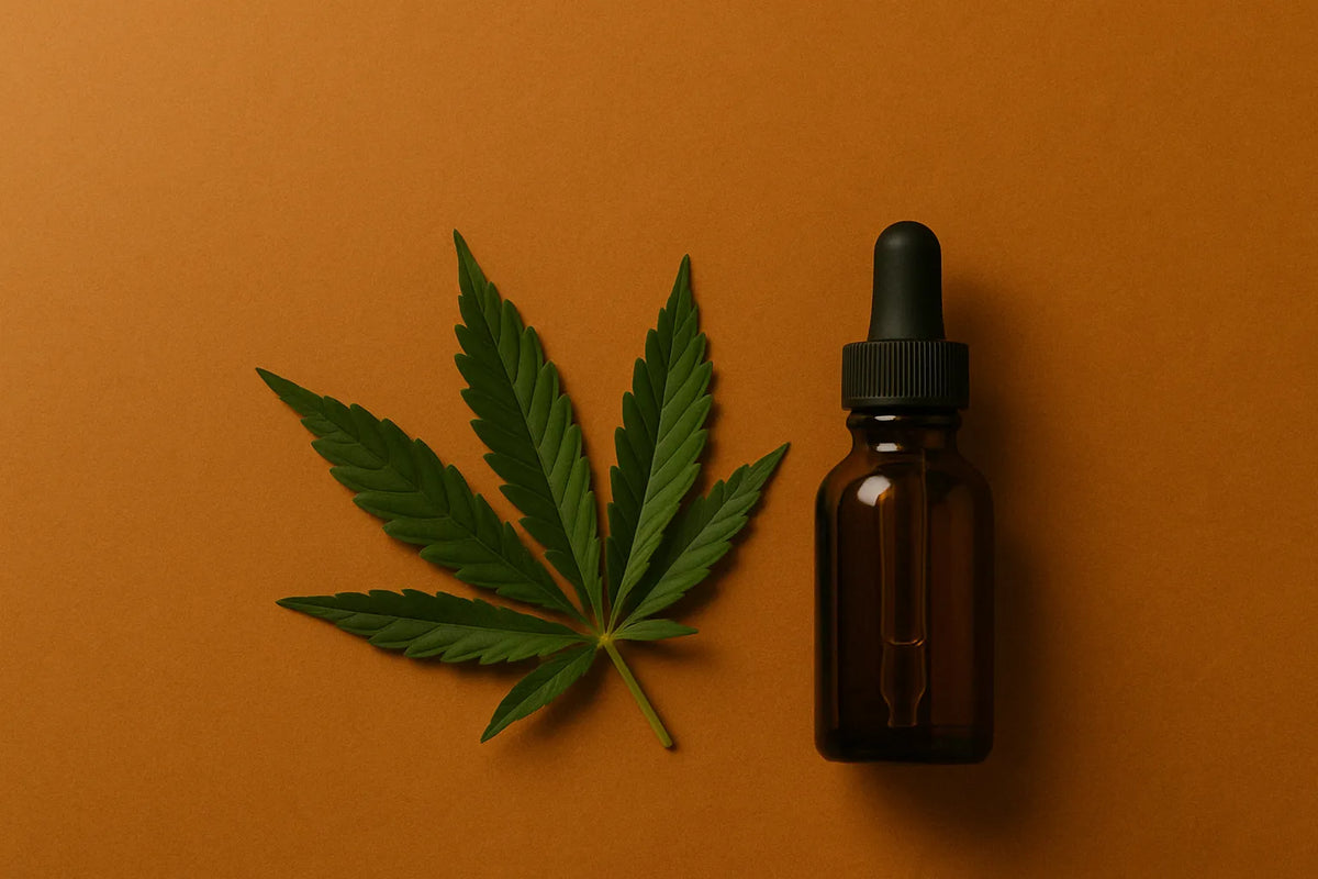 Cannabisblad en amberkleurig druppelflesje op een warme oranje achtergrond