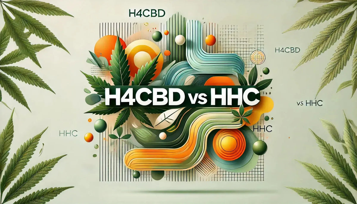 Blog header afbeelding getiteld ‘H4CBD vs HHC’, met abstracte visuals met groene tinten voor H4CBD en dynamische oranje-gele tinten voor HHC, die hun contrast benadrukken.
