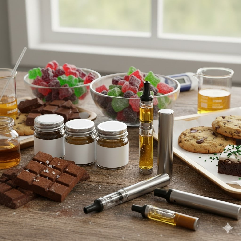 Lifestyle-flatlay met vape pens, oliën in potjes, chocolade, gummies en cookies op een houten ondergrond