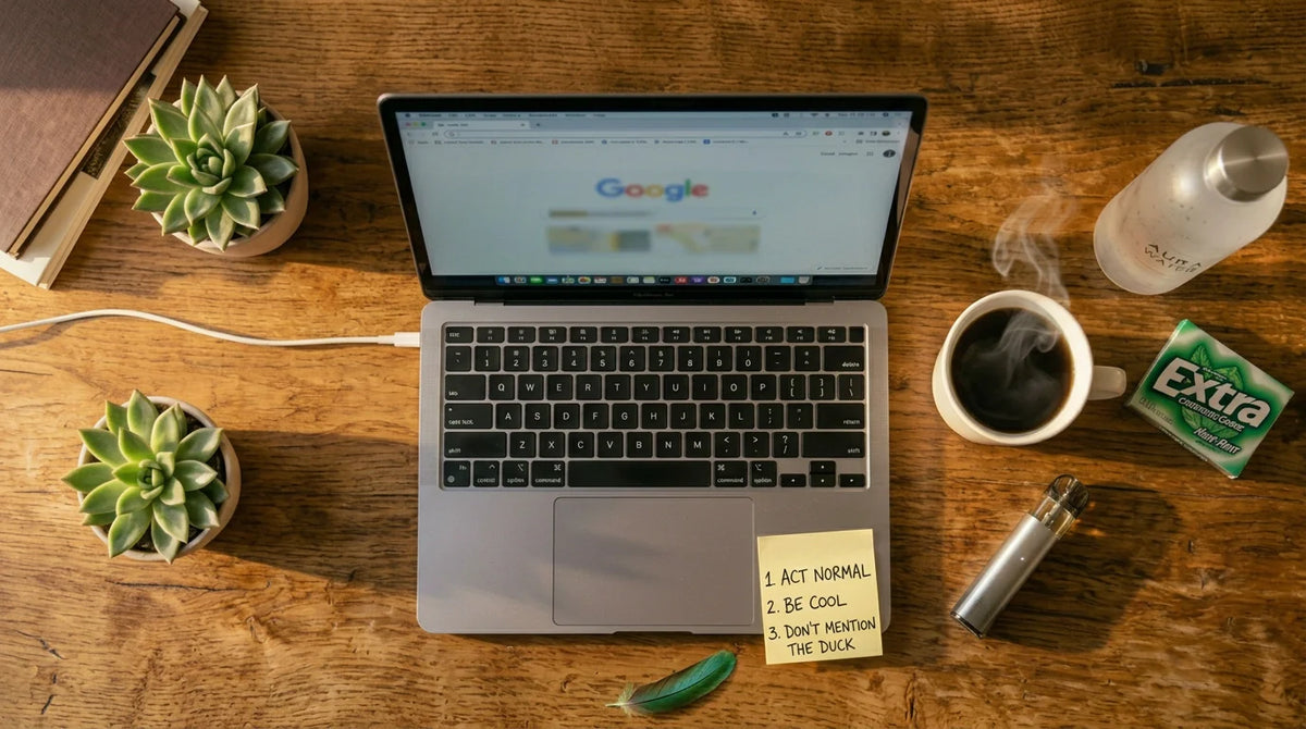 Werkplek met laptop, koffiemok, vetplanten en cannabisproduct op een houten bureau