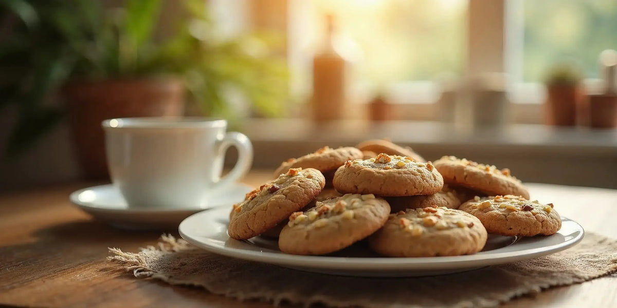 CBD Cookies geserveerd op een bord met een kop koffie