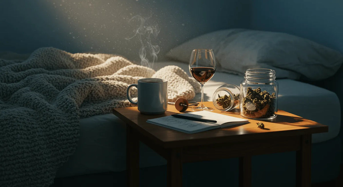 Zonovergoten slaapkamer bij dageraad met een verkreukelde gebreide deken op het bed en een houten tafel met een dampende koffiemok, een halfvol wijnglas, een open notitieboek en een glazen pot met cannabistoppen.