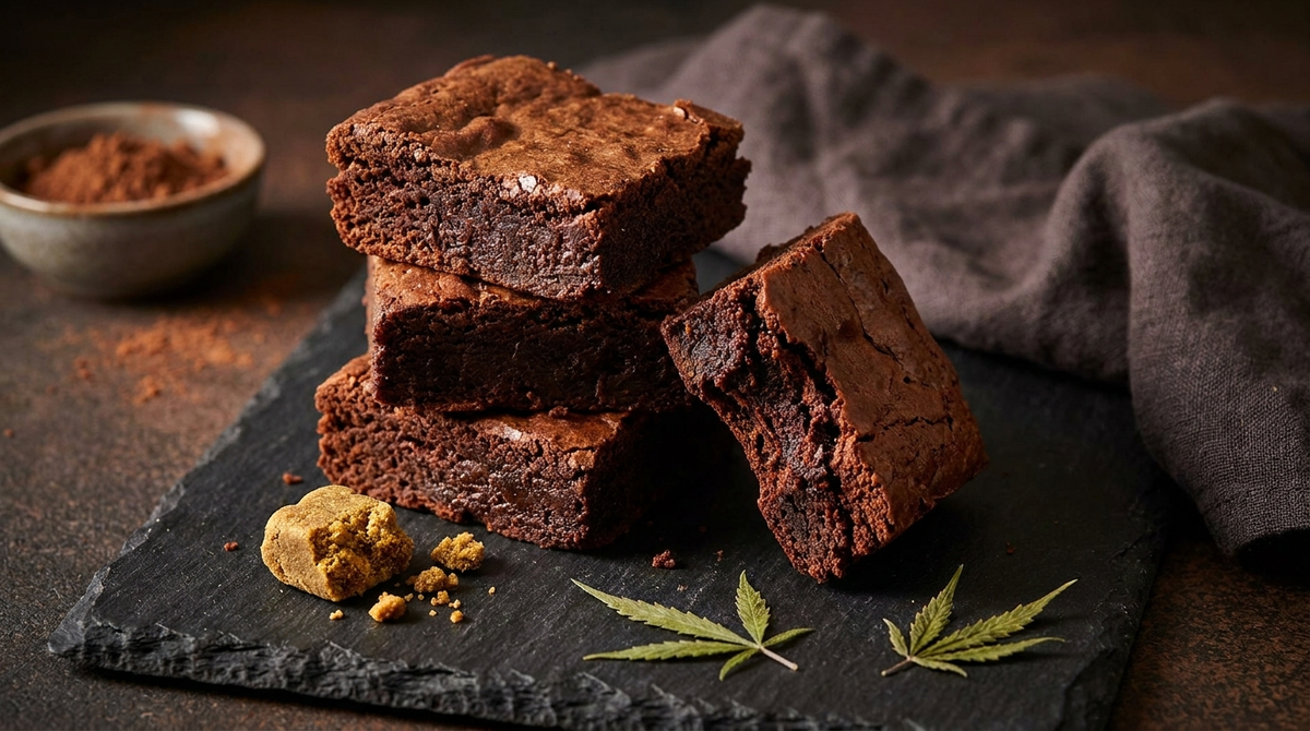 Stapel smeuïge chocolade-hasjbrownies op een leistenen plank met een stukje hasj ernaast
